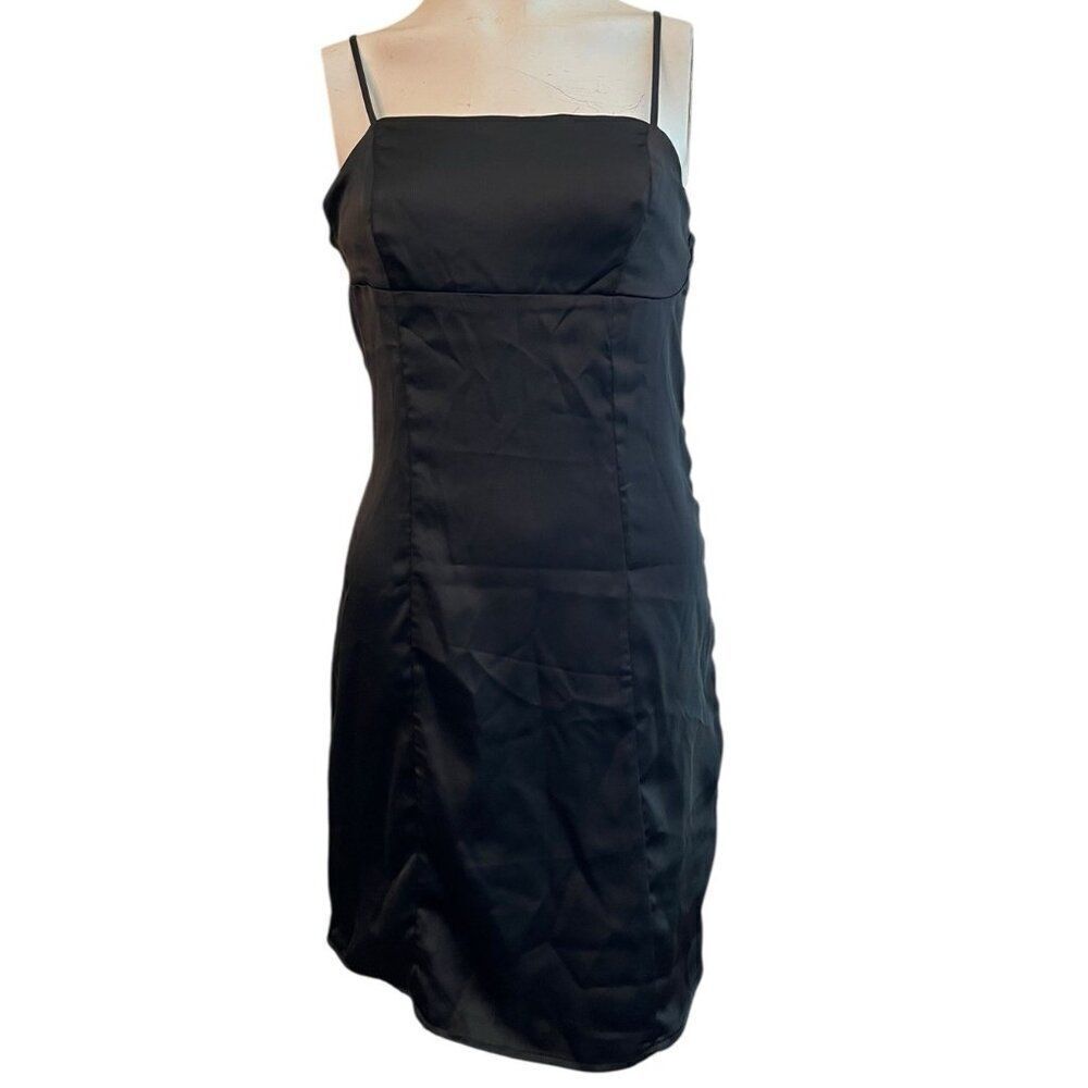 Juniors Large Black Satin Cocktail Slip Dress Adjustable Spaghetti Straps